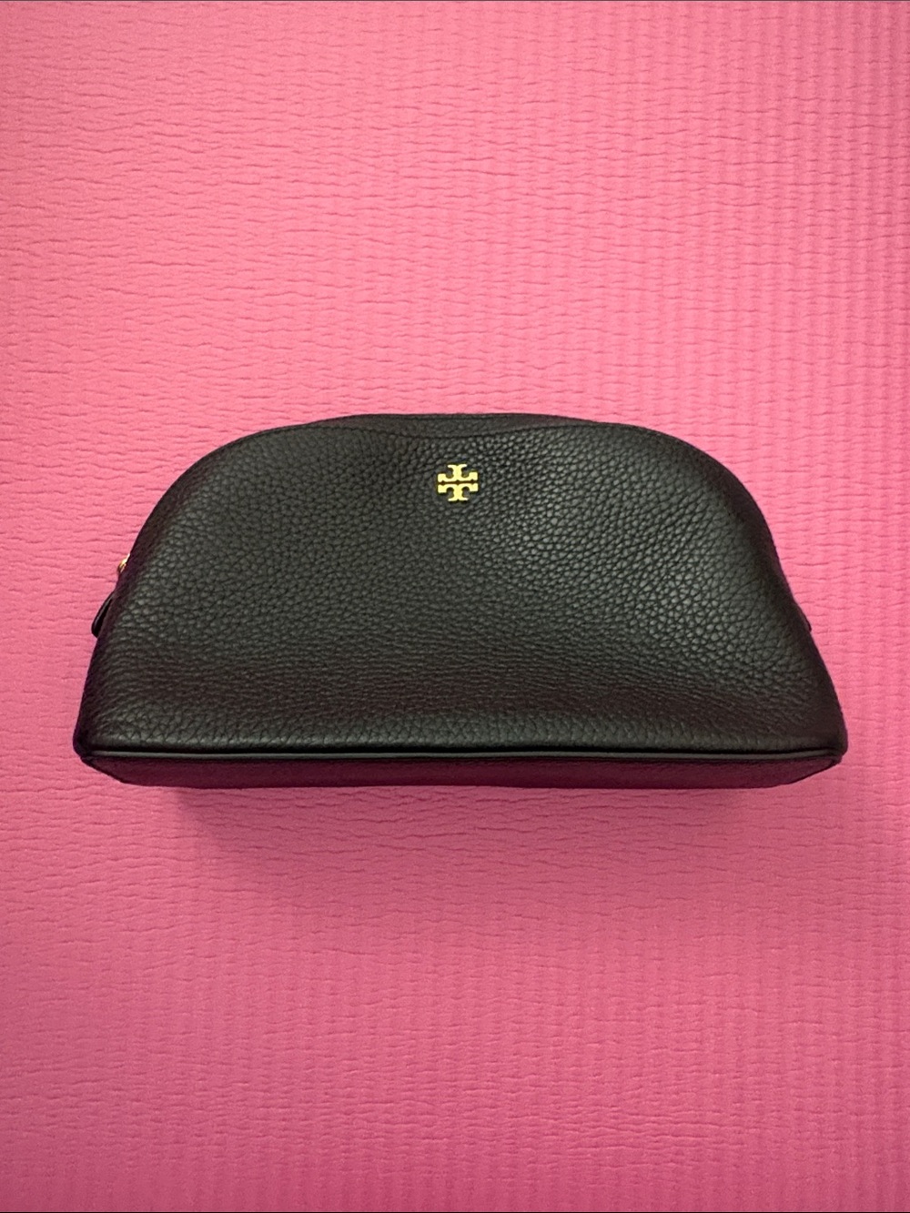 Tory Burch Black Pebbled Leather Cosmetic Pouch with Gold Logo Accent